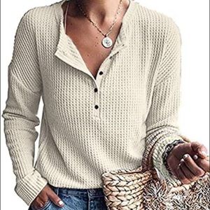 MOLERANI Womens Waffle Knit Tunic Tops Loose Long Sleeve Button Up V Neck Henley